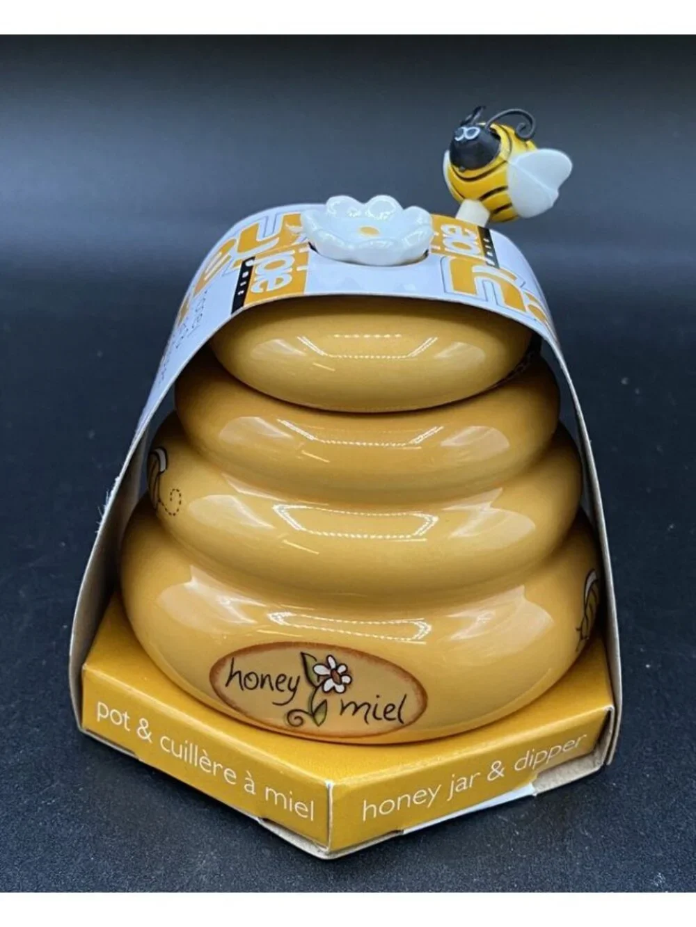 Mini Honey Pot Ceramic Jar & Wood Dipper Joie MSC Beehive with Bee 2002 BPA free